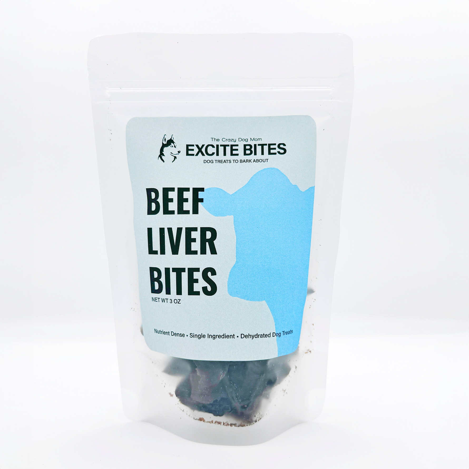 bag of dehydrated beef liver Excite Bites dog treats