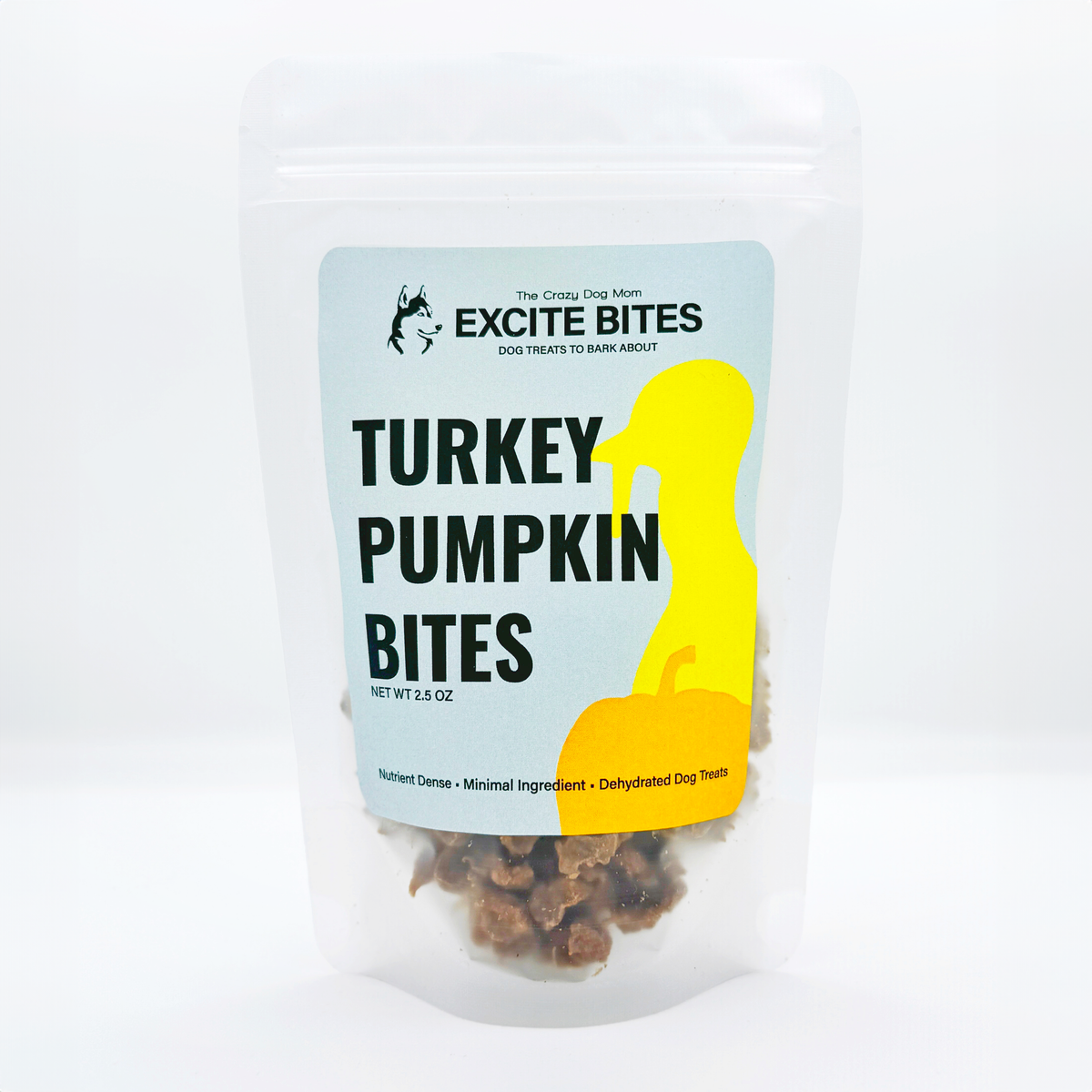 Bag of dehydrated turkey pumpkin Excite Bites dog treats