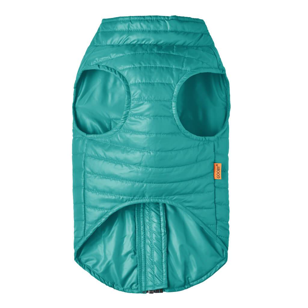 Under side of a teal Puffy dog vest